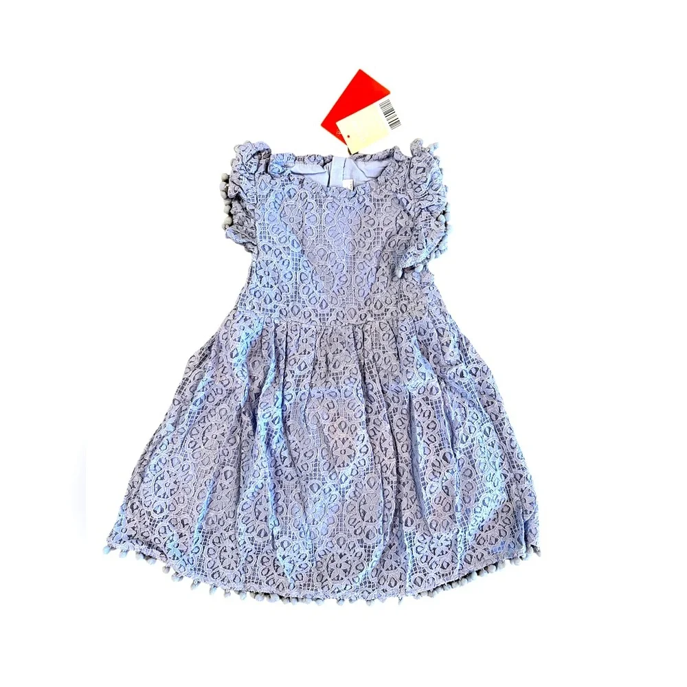 NWT 2 Bunnies Little Girls Sky Blue Sunflower Lace Pom Pom Ruffle Dress Size 5